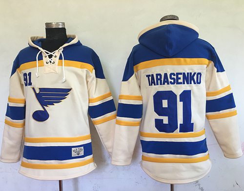 Blues #91 Vladimir Tarasenko Cream Sawyer Hooded Sweatshirt Stitched NHL Jersey - Click Image to Close